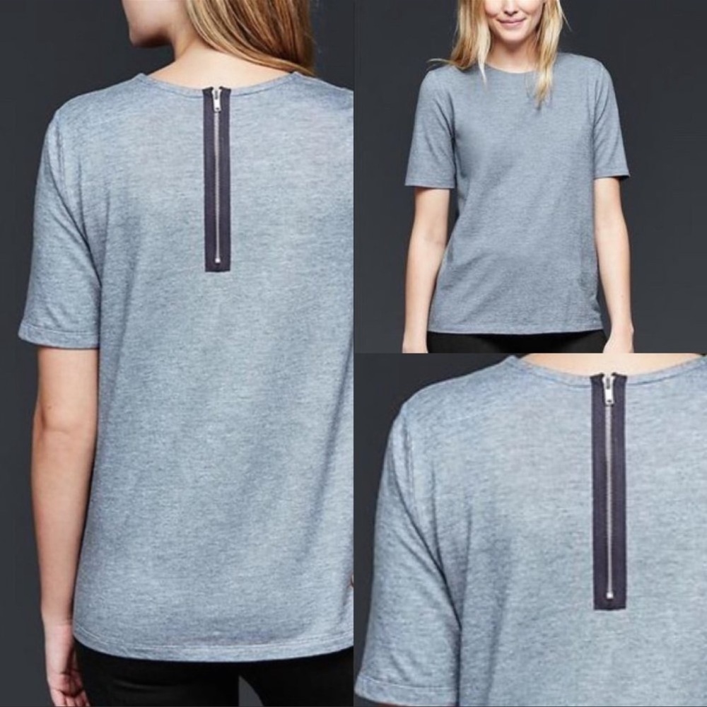 GAP Light Heather Gray Short Sleeve Tee with Back Zip Accent